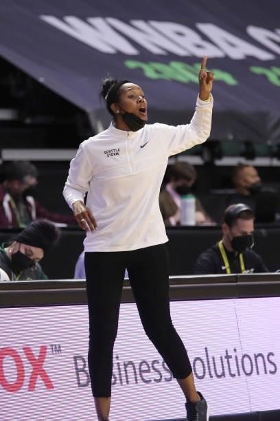 Head Coach Noelle Quinn coaches the Seattle Storm against the Dallas Wings on June 6, 2021 at the Angel of the Winds Arena in Everett, Washington....