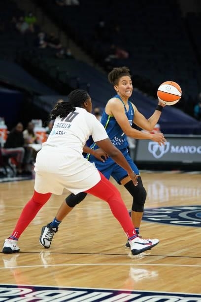 Layshia Clarendon of the Minnesota Lynx passes the ball during the game against the Atlanta Dream on June 6, 2021 at Target Center in Minneapolis,...
