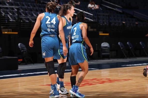 The Minnesota Lynx celebrate during the game against the Atlanta Dream on June 6, 2021 at Target Center in Minneapolis, Minnesota. NOTE TO USER: User...