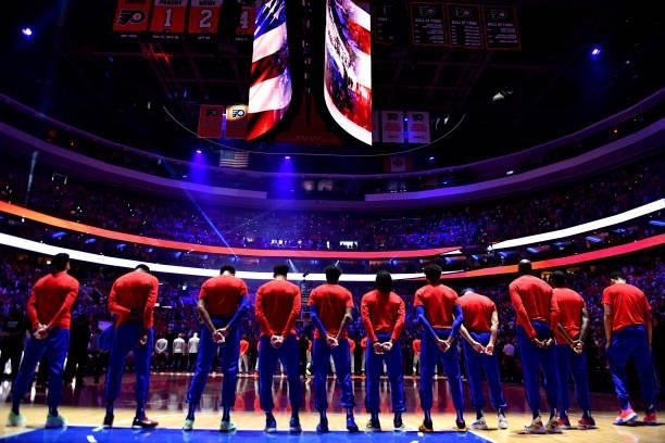 The Philadelphia 76ers stand during the National Anthem prior to a game against the Atlanta Hawks during Round 2, Game 1 of the Eastern Conference...