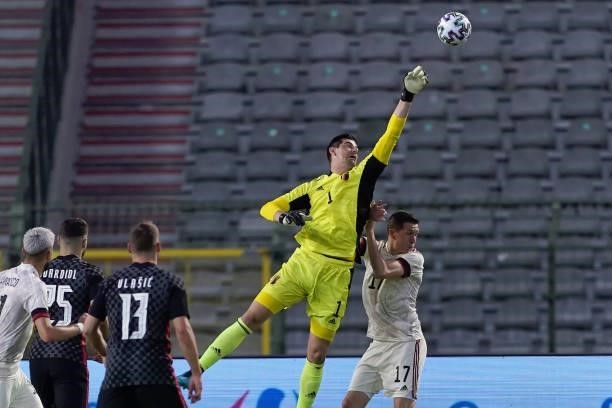 Thibaut Courtois, goalkeeper of Belgium, in action during the international friendly match between Belgium and Croatia at King Baudouin Stadium on...