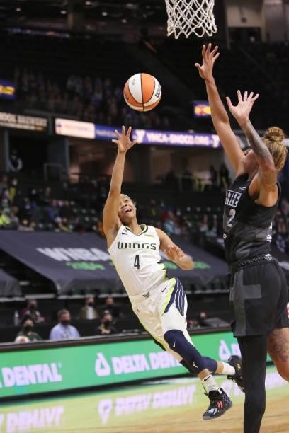 Moriah Jefferson of the Dallas Wings shoots the ball against the Seattle Storm on June 6, 2021 at the Angel of the Winds Arena in Everett,...