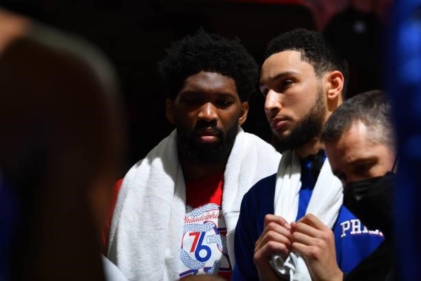 Joel Embiid of the Philadelphia 76ers looks on during a team huddle during a game against the Atlanta Hawks during Round 2, Game 1 of the Eastern...