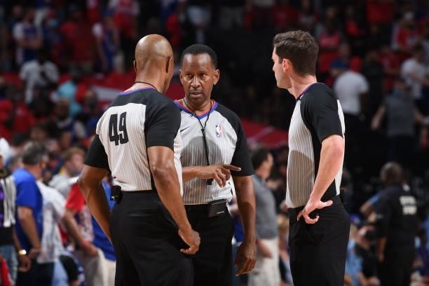 Referee James Capers speaks with NBA referee Tom Washington during Round 2, Game 1 of the Eastern Conference Playoffs on June 6, 2021 at Wells Fargo...