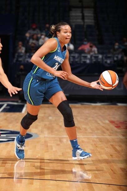 Napheesa Collier of the Minnesota Lynx passes the ball against the Atlanta Dream on June 6, 2021 at Target Center in Minneapolis, Minnesota. NOTE TO...
