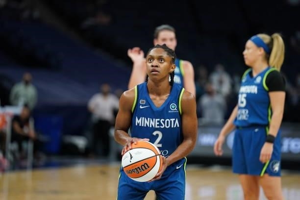 Crystal Dangerfield of the Minnesota Lynx shoots a free throw during the game against the Atlanta Dream on June 6, 2021 at Target Center in...