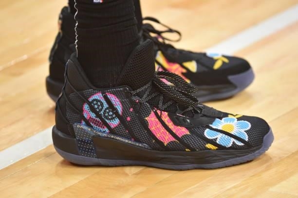 The sneakers worn by John Collins of the Atlanta Hawks during Round 2, Game 1 of the Eastern Conference Playoffs on June 6, 2021 at Wells Fargo...