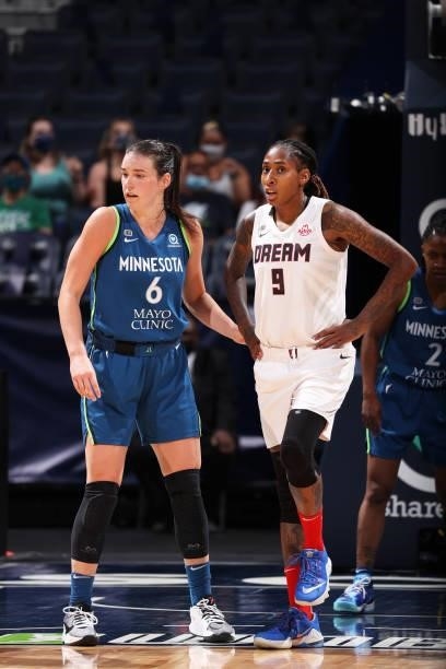 Bridget Carleton of the Minnesota Lynx guards Crystal Bradford of the Atlanta Dream during the game on June 6, 2021 at Target Center in Minneapolis,...
