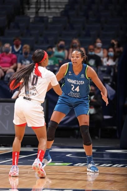 Napheesa Collier of the Minnesota Lynx plays defense against the Atlanta Dream on June 6, 2021 at Target Center in Minneapolis, Minnesota. NOTE TO...