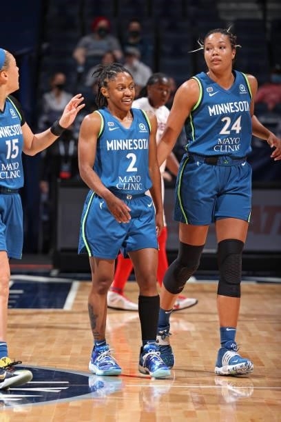 Crystal Dangerfield of the Minnesota Lynx smiles during the game against the Atlanta Dream on June 6, 2021 at Target Center in Minneapolis,...
