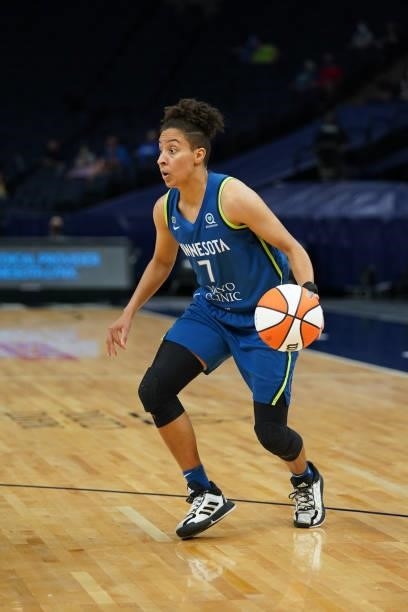 Layshia Clarendon of the Minnesota Lynx handles the ball during the game against the Atlanta Dream on June 6, 2021 at Target Center in Minneapolis,...