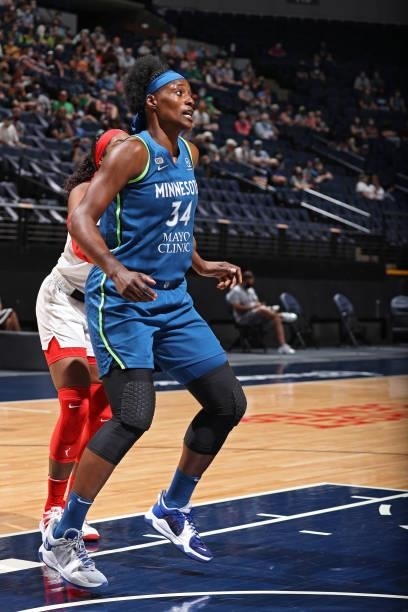 Sylvia Fowles of the Minnesota Lynx looks to rebound against the Atlanta Dream on June 6, 2021 at Target Center in Minneapolis, Minnesota. NOTE TO...