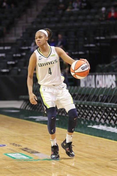 Moriah Jefferson of the Dallas Wings handles the ball against the Seattle Storm on June 6, 2021 at the Angel of the Winds Arena in Everett,...