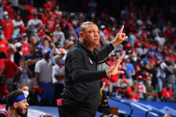 Head Coach Doc Rivers of the Philadelphia 76ers calls out a play during a game against the Atlanta Hawks during Round 2, Game 1 of the Eastern...