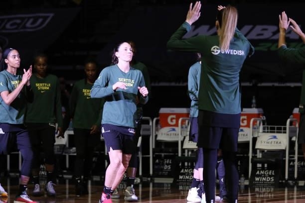 Sue Bird of the Seattle Storm enters the court for the game against the Dallas Wings on June 6, 2021 at the Angel of the Winds Arena in Everett,...