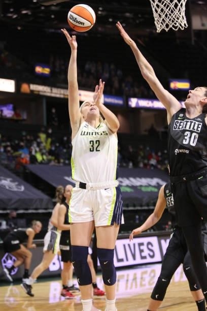 Bella Alarie of the Dallas Wings shoots the ball against the Seattle Storm on June 6, 2021 at the Angel of the Winds Arena in Everett, Washington....