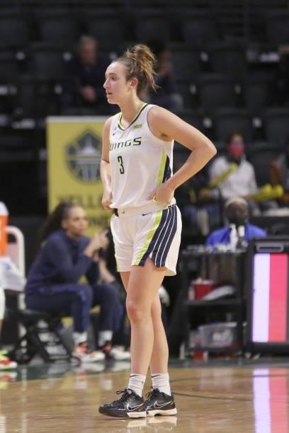 Marina Mabrey of the Dallas Wings looks on during the game against the Seattle Storm on June 6, 2021 at the Angel of the Winds Arena in Everett,...