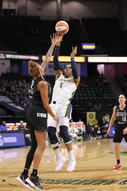 Kayla Thornton of the Dallas Wings shoots the ball against the Seattle Storm on June 6, 2021 at the Angel of the Winds Arena in Everett, Washington....