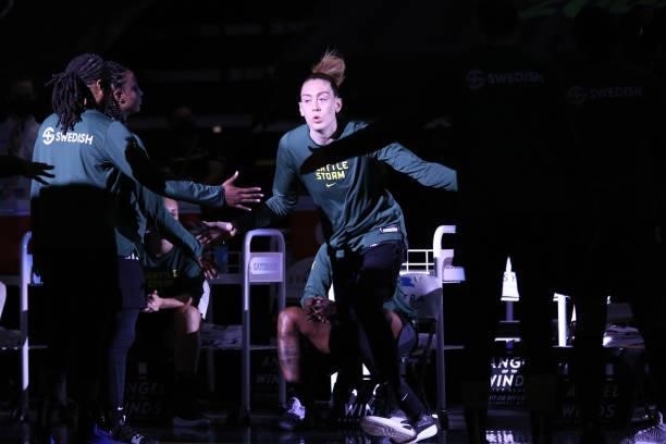 Breanna Stewart of the Seattle Storm enters the court for the game against the Dallas Wings on June 6, 2021 at the Angel of the Winds Arena in...