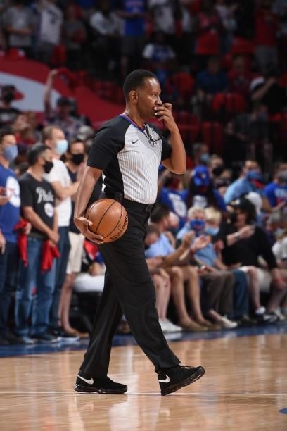 Referee James Capers looks on during Round 2, Game 1 of the Eastern Conference Playoffs on June 6, 2021 at Wells Fargo Center in Philadelphia,...