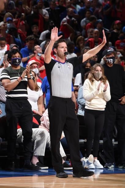 Referee Ben Taylor looks on during Round 2, Game 1 of the Eastern Conference Playoffs on June 6, 2021 at Wells Fargo Center in Philadelphia,...