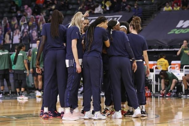 The Dallas Wings huddle up before the game against the Seattle Storm on June 6, 2021 at the Angel of the Winds Arena in Everett, Washington. NOTE TO...
