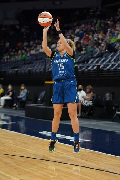 Rachel Banham of the Minnesota Lynx shoots a three point basket during the game against the Atlanta Dream on June 6, 2021 at Target Center in...