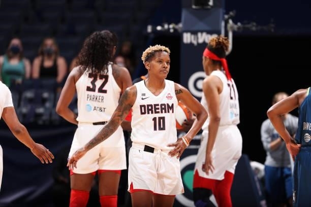 Courtney Williams of the Atlanta Dream looks on during the game against the Minnesota Lynx on June 6, 2021 at Target Center in Minneapolis,...