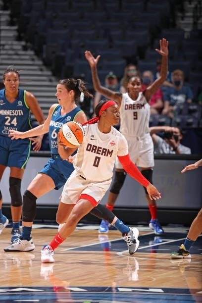 Odyssey Sims of the Atlanta Dream dribbles during the game against the Minnesota Lynx on June 6, 2021 at Target Center in Minneapolis, Minnesota....