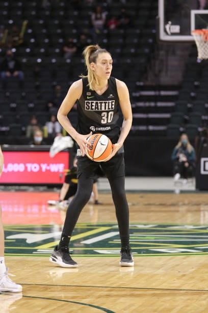 Breanna Stewart of the Seattle Storm handles the ball against the Dallas Wings on June 6, 2021 at the Angel of the Winds Arena in Everett,...