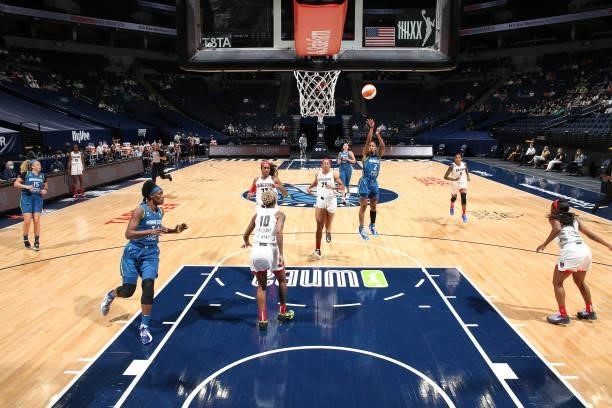 Crystal Dangerfield of the Minnesota Lynx shoots the ball against the Atlanta Dream on June 6, 2021 at Target Center in Minneapolis, Minnesota. NOTE...