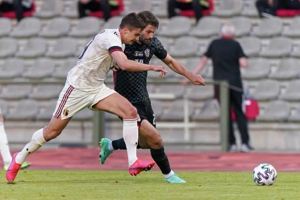 Leander Dendoncker of Belgium competes for the ball with Bruno Petkovic of Croatia during the international friendly match between Belgium and...