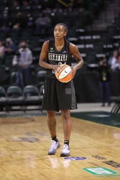 Jewell Loyd of the Seattle Storm handles the ball against the Dallas Wings on June 6, 2021 at the Angel of the Winds Arena in Everett, Washington....