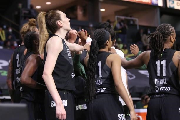The Seattle Storm huddle up during the game against the Dallas Wings on June 6, 2021 at the Angel of the Winds Arena in Everett, Washington. NOTE TO...
