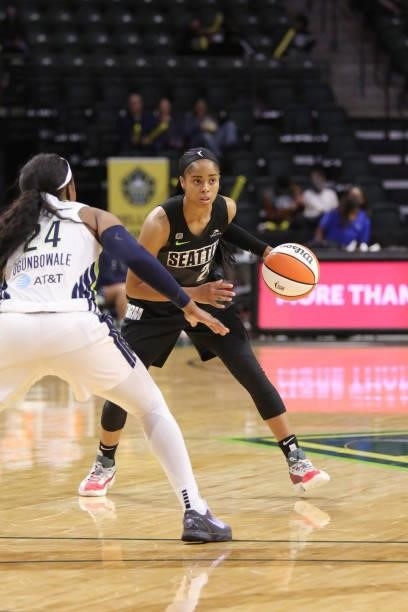 Jordin Canada of the Seattle Storm handles the ball against the Dallas Wings on June 6, 2021 at the Angel of the Winds Arena in Everett, Washington....