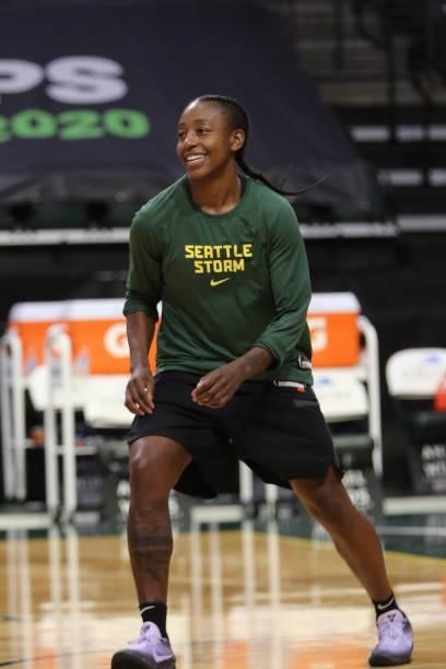 Jewell Loyd of the Seattle Storm smiles before the game against the Dallas Wings on June 6, 2021 at the Angel of the Winds Arena in Everett,...