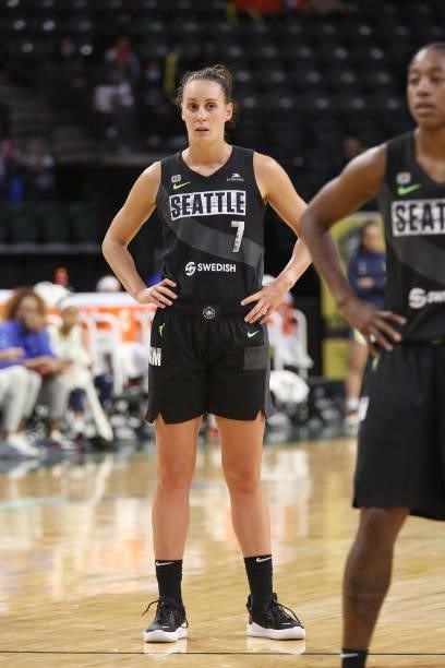 Stephanie Talbot of the Seattle Storm looks on during the game against the Dallas Wings on June 6, 2021 at the Angel of the Winds Arena in Everett,...
