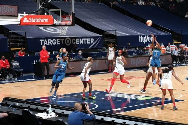 Crystal Dangerfield of the Minnesota Lynx shoots the ball against the Atlanta Dream on June 6, 2021 at Target Center in Minneapolis, Minnesota. NOTE...