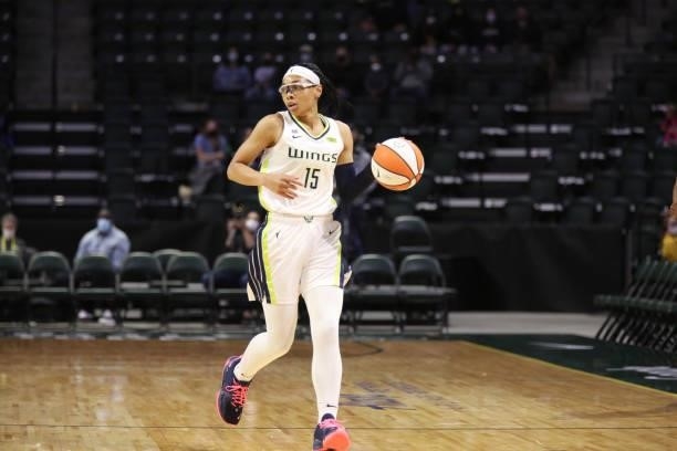 Allisha Gray of the Dallas Wings handles the ball against the Seattle Storm on June 6, 2021 at the Angel of the Winds Arena in Everett, Washington....