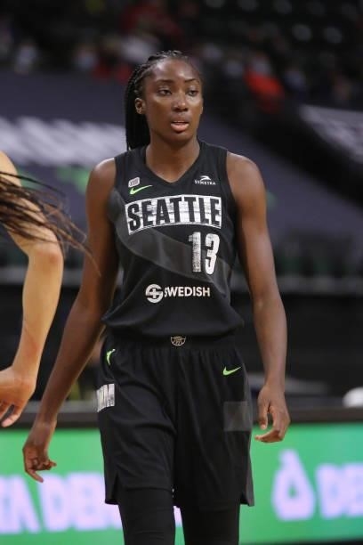 Ezi Magbegor of the Seattle Storm looks on during the game against the Dallas Wings on June 6, 2021 at the Angel of the Winds Arena in Everett,...