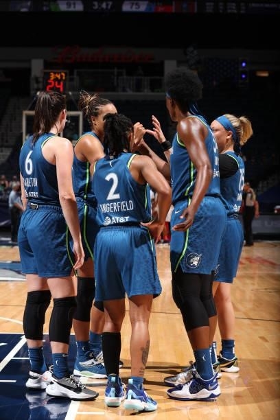 The Minnesota Lynx huddle up during the game against the Atlanta Dream on June 6, 2021 at Target Center in Minneapolis, Minnesota. NOTE TO USER: User...