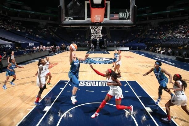 Natalie Achonwa of the Minnesota Lynx drives to the basket against the Atlanta Dream on June 6, 2021 at Target Center in Minneapolis, Minnesota. NOTE...
