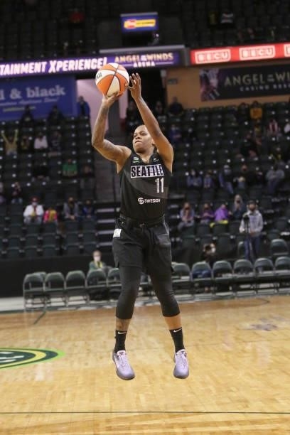 Epiphanny Prince of the Seattle Storm shoots the ball against the Dallas Wings on June 6, 2021 at the Angel of the Winds Arena in Everett,...