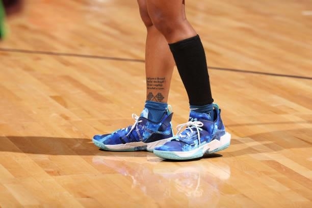 The sneakers worn by Crystal Dangerfield of the Minnesota Lynx during the game against the Atlanta Dream on June 6, 2021 at Target Center in...