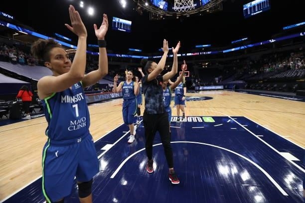 The Minnesota Lynx celebrate after the game against the Atlanta Dream on June 6, 2021 at Target Center in Minneapolis, Minnesota. NOTE TO USER: User...
