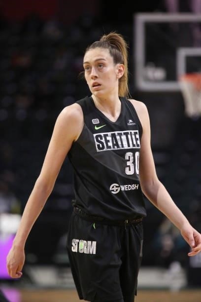 Breanna Stewart of the Seattle Storm looks on during the game against the Dallas Wings on June 6, 2021 at the Angel of the Winds Arena in Everett,...