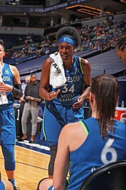Sylvia Fowles of the Minnesota Lynx talks with teammates during a time out during the game against the Atlanta Dream on June 6, 2021 at Target Center...