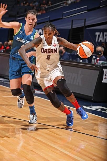 Crystal Bradford of the Atlanta Dream drives to the basket against the Minnesota Lynx on June 6, 2021 at Target Center in Minneapolis, Minnesota....