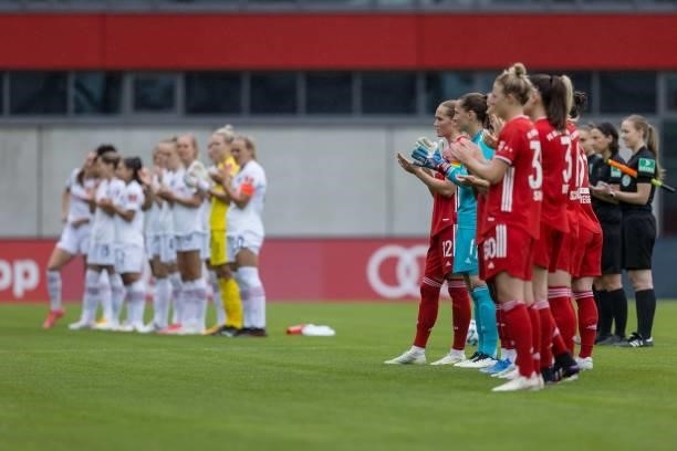 Players of FC Bayern Muenchen line up during the FLYERALARM Frauen Bundesliga match between FC Bayern Muenchen and Eintracht Frankfurt at FCB Campus...