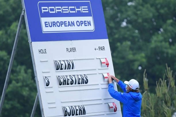 A scoreboard is seen during Day Two of The Porsche European Open at Green Eagle Golf Course on June 6, 2021 in Hamburg, Germany.